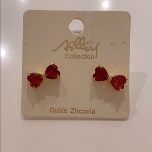 Red and Gold Heart Bow Stud Earrings